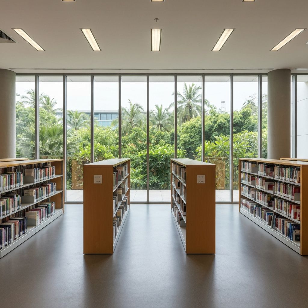 Ruang baca perpustakaan modern dengan pemandangan taman