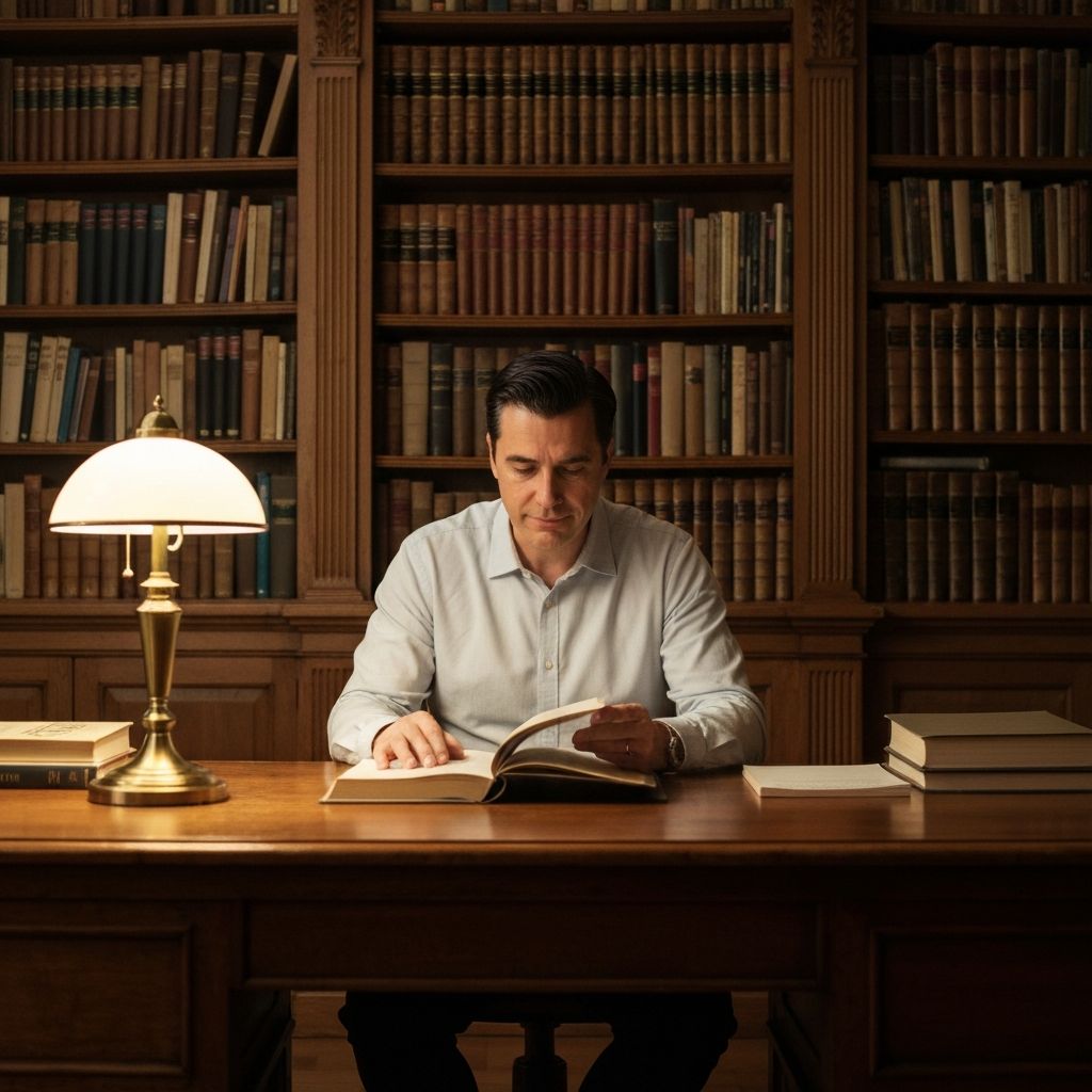 Pria membaca buku di perpustakaan yang hangat